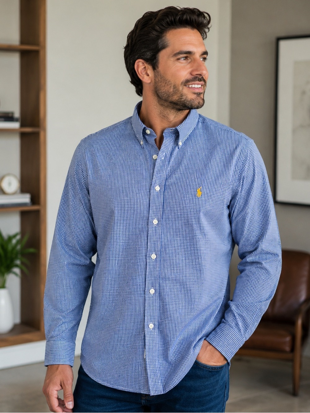 Ralph Lauren Blue Micro-Check Button-Down Dress Shirt